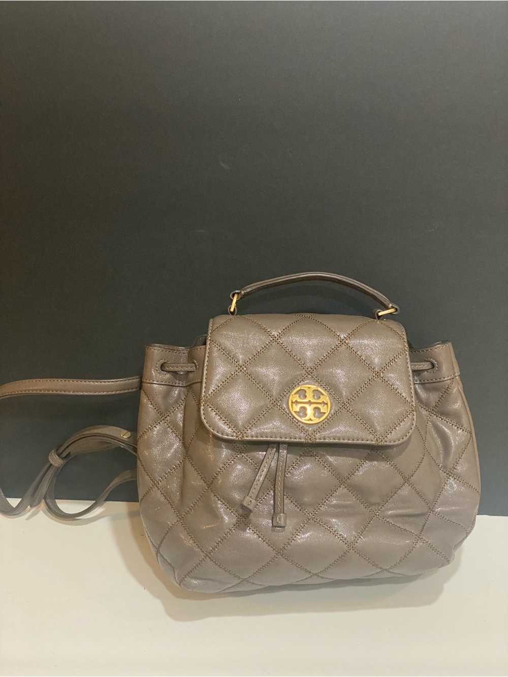 Tory Burch Willa Quilted Leather Backpack Volcanic Stone Grey Taupe
